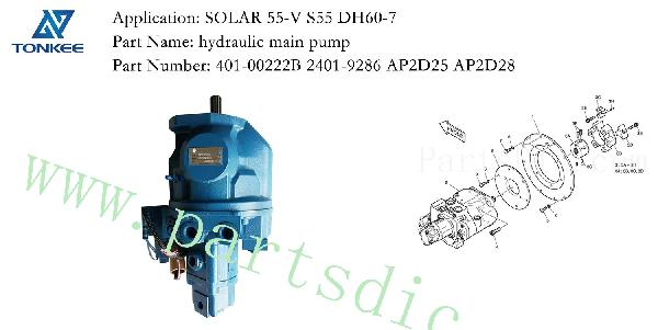 401-00222B 2401-9286 AP2D25 AP2D28 hydraulic main pump assembly SOLAR 55-V S55 DH60-7 hydraulic crawl excavator piston pump assy